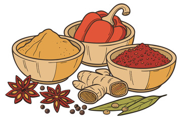 9 Vibrant spice powders, wooden bowls, ginger root, nutmeg, bell peppers, colorful ingredients, culinary display, aromatic spices, fresh produce, cooking ingredients, high-contrast photography, white 