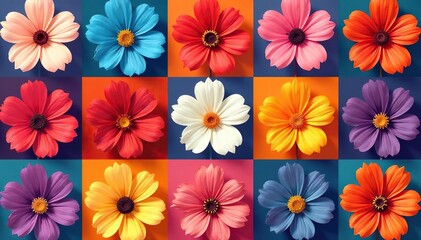 Obraz premium Bold stylized blossoms arranged in square grid , repeat pattern, pattern design
