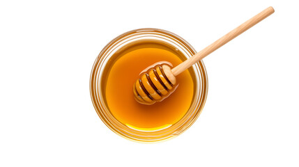 Top view of a glass bowl containing honey with a wooden dipper inside isolated on transparent background	