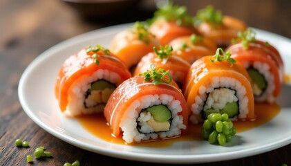 Variety of sushi rolls on white plate, soy sauce, wasabi, cuisine, clean, japanese
