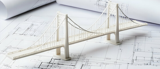 White Model Of A Suspension Bridge On Architectural Drawings