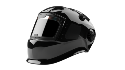 Close up view of a shiny protective welding helmet with knobs detail isolated on transparent background	