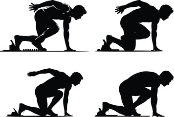 Male Sprinter Starting Position Silhouette – Athletic Pose in Clean Black Vector on White Background