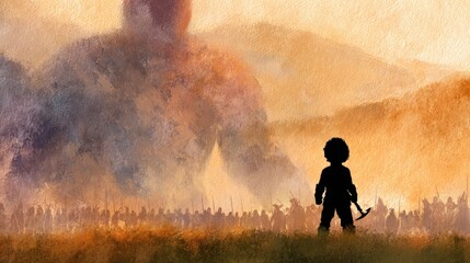 Young David standing bravely before giant Goliath on a battlefield, slingshot in hand, dramatic sky, distant armies watching, muted earth tones, dynamic movement, textured paper, illustration