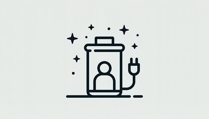 Battery icon with human silhouette and plug in monoline style
