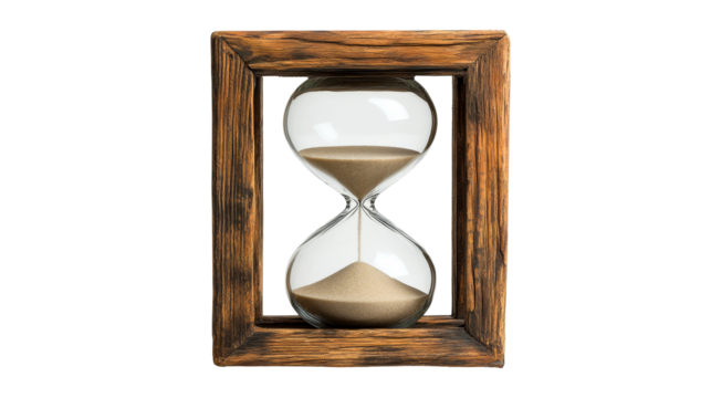 Hourglass with sandy fill in wood frame, cut out transparent