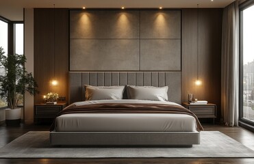 Modern bedroom interior design, city view, night