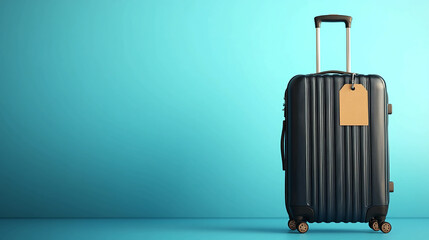 Black luggage suitcase with tag for travel vacation and trip planning on blue background for tourism concept