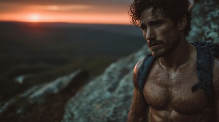Muscular Man with Backpack at Sunset Sweating Outdoor Adventure Fitness Nature Exploration