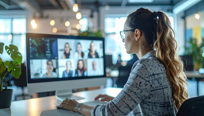 Connected Collaboration: A woman, focused and engaged, participates in a vibrant video conference, fostering connection and collaboration amidst a dynamic workspace.