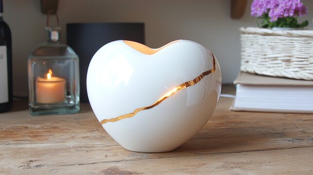 White heart ceramic with gold repair on wood table - Powered by Adobe
