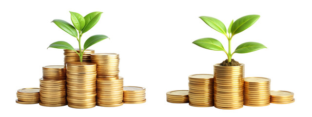 3D Yield Farming Icon with Plant Growing from Coins Isolated on Transparent Background, PNG File