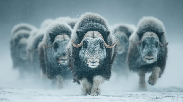 Herd of Large Horned Animals in Snowy Landscape Winter Wildlife Scene Nature Photography Col