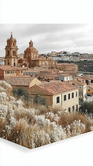 Fototapeta premium Panoramic view of a Spanish town with terracotta-roofed buildings, nestled on a hillside, with pale, light-toned landscapes, and a cool, calm atmosphere