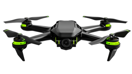 Modern black drone quadcopter with green accents, cut out transparent