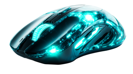 Computer mouse with glowing turquoise accents, cut out transparent