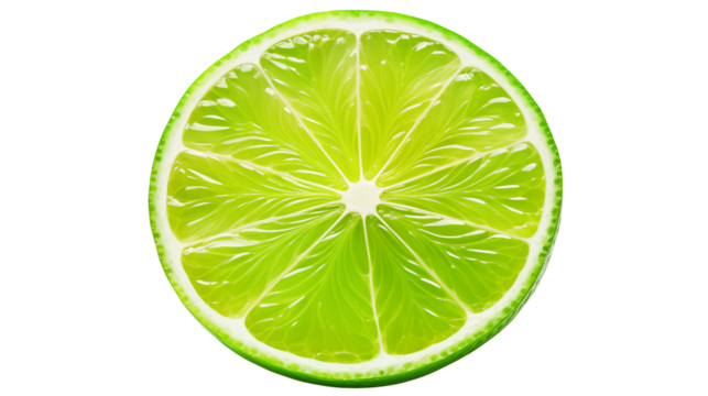 A vibrant green lime slice showing the juicy interior and outer rind isolated on transparent background	