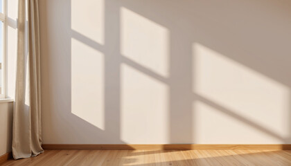 Fototapeta premium Interior wall with hardwood floor and shadow lines with copy space and empty space for text concept of home minimalism and calm design