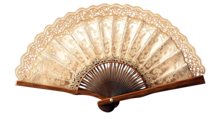 Elegant hand fan with lace, wood frame, cutout transparent