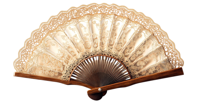Elegant hand fan with lace, wood frame, cutout transparent