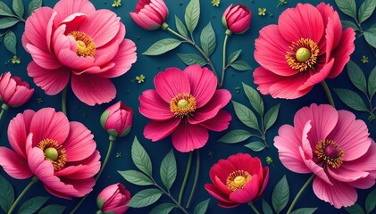 Bold peony & poppy blooms, vibrant seamless design, vibrant, bold, seamless