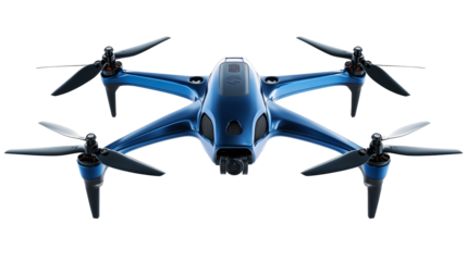 Aerial unmanned vehicle, blue drone with four propellers, cut out transparent
