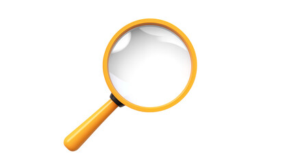 Close up of magnifying glass with yellow frame and handle in the view isolated on transparent background	