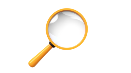 Close up of magnifying glass with yellow frame and handle in the view isolated on transparent background	