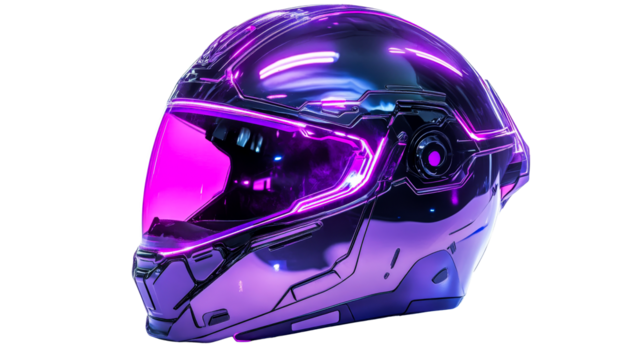Futuristic purple cyber helmet protective gear, cut out transparent