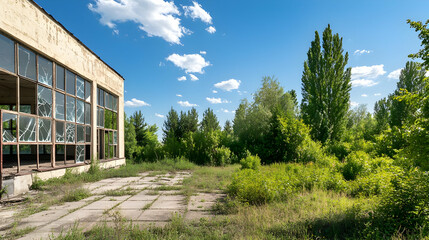 Abandoned Building With Broken Windows And Overgrown Vegetation