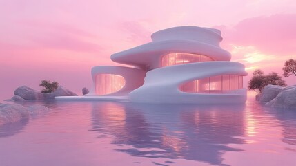 Futuristic Architecture in a Serene Pink Sunset Landscape