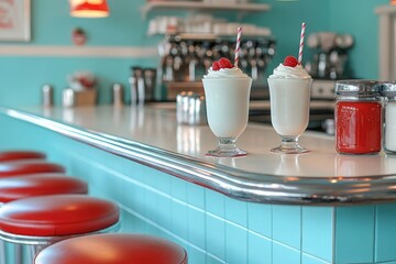 Two creamy milkshakes topped with raspberries sit on a retro diner counter.