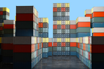 Obraz premium Stacks of colorful cargo shipping containers organized in a port storage yard under clear blue sky, used for international freight and logistics. – Logistics, Transport, Shipping. 3d image