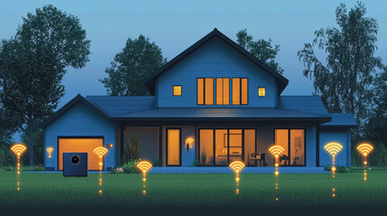 Smart home at dusk with wifi-enabled landscape lighting