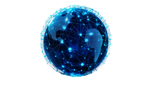Digital world network connection with global sphere, cut out transparent