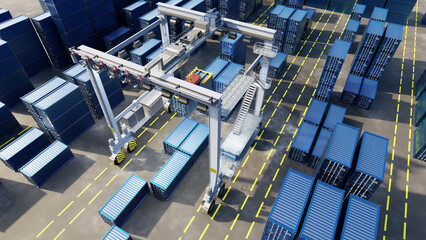 Aerial view of a container terminal with stacked shipping containers and automated gantry cranes loading cargo for global transport. – Logistics, Shipping, Port Operations. 3d image