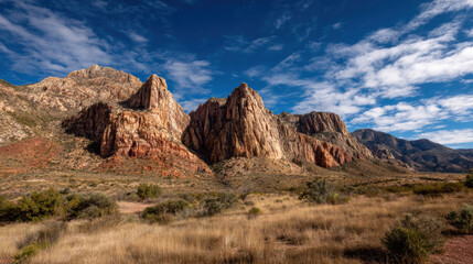 Fototapeta premium Breathtaking view of the rugged Red Rock Canyon mountains under a vivid blue sky with scattered clouds, highlighting the majestic beauty of the Nevada landscape.