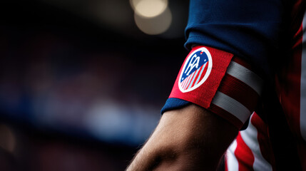 A closeup shows a soccer player wea a red armband with white and blue stripes, indicating participation in a soccer event or game, focusing on team unity.