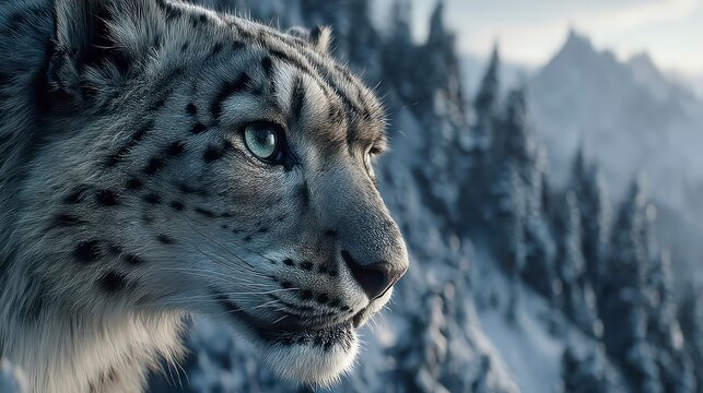 Majestic Feline in Winter Wonderland A CloseUp Portrait of a Snow Leopard Amidst SnowCapped - Powered by Adobe