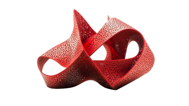 Red perforated abstract torus, flowing shape, cut out transparent