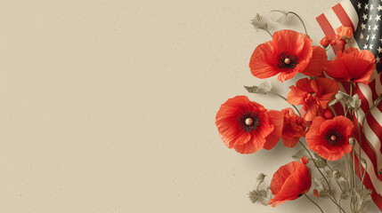Memorial Day awareness banner with red poppies and USA flag on soft beige background &mdash; May 27