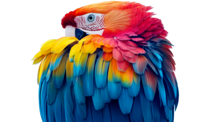 Vibrant macaw plumage of many colors, cut out transparent