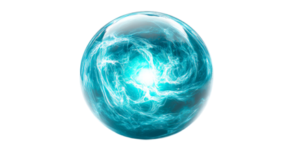 Sphere containing energy streams, turquoise and white, cut out transparent