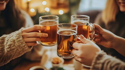 Cheers to Friendship: Four friends raise their mugs of beer in a toast, celebrating friendship and camaraderie in a cozy, warm atmosphere. 