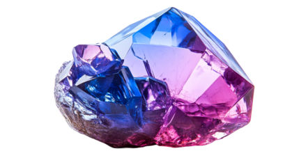 Quartz specimen, multifaceted, iridescent blue and pink, cut out transparent