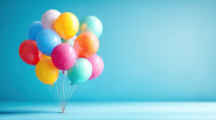 A vibrant bunch of colorful balloons speckled with white dots floats gently against a serene turquoise background, creating a festive and celebratory atmosphere.