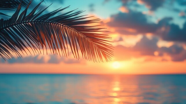 Tropical sunset over ocean with palm leaf - Powered by Adobe