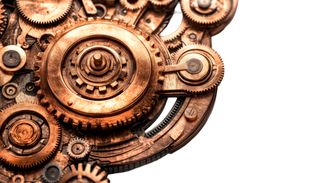 Metallic gears, cogwheels, mechanical parts close up, cut out transparent