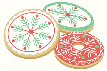 16 Christmas cookies, snowflake designs, colorful icing, festive patterns, circular sugar cookies, red and green decorations, white frosting details, holiday baking, intricate piping work, pastel colo