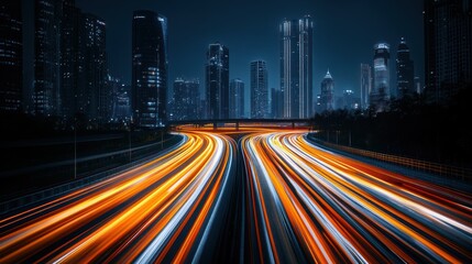 Fototapeta premium Night highway light trails and city skyscrapers